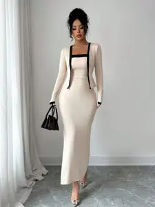 Elegant Two-Piece Set for Women, Chic Long Sleeve Cardigan & Strapless Dress, Perfect for Parties, Family Gatherings, Holidays, Formal Wear, Evening Party Dresses