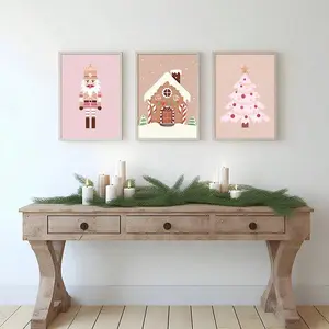 Set Of 3 Pink Christmas Prints Canvas Paintings Xmas Poster Seasonal Wall Art Nutcrackers Gingerbread House Christmas Decor Holiday Festival Printable Unframed Christmas Decoration XMAS Decor Christmas Tree Gift Decor Thanksgiving Wedding Home Decor