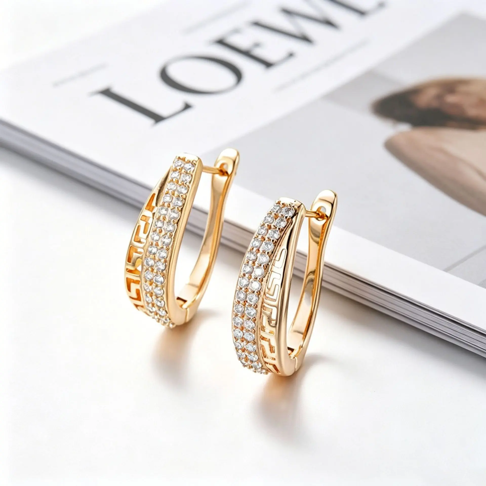 Women's Elegant Gold-Tone Huggie Earrings, Rhinestone-Adorned, with Greek Key Design for Fashion (Costume Jewelry Accessory)