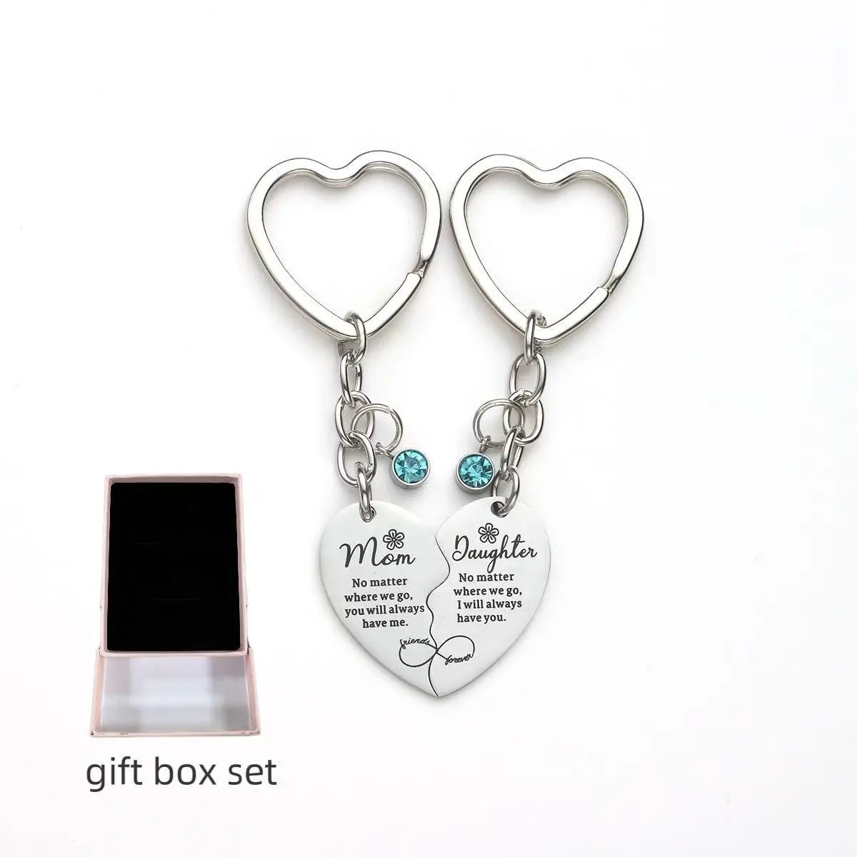 Mother-Daughter Keychain Jewelry Set, Stainless Steel Heart-Shaped Matching Keyrings with Blue Diamond Pendant, 2-Piece Gift for Mom, Stainless Steel Jewelry, Mother Keyring