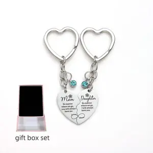 Mother-Daughter Heart-Shaped Keychain Set with Blue Diamond Pendant Exclusive Design for Mom's Day Gift Box Set