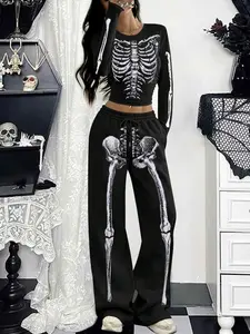 Women's Halloween Wide-Leg Pants Set, Skeleton Print Fitted Long Sleeve Top, Comfortable High-Waist Casual Fashion for Spring & Fall