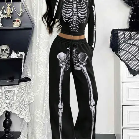 Women's Halloween Wide-Leg Pants Set, Skeleton Print Fitted Long Sleeve Top, Comfortable High-Waist Casual for Spring & Fall