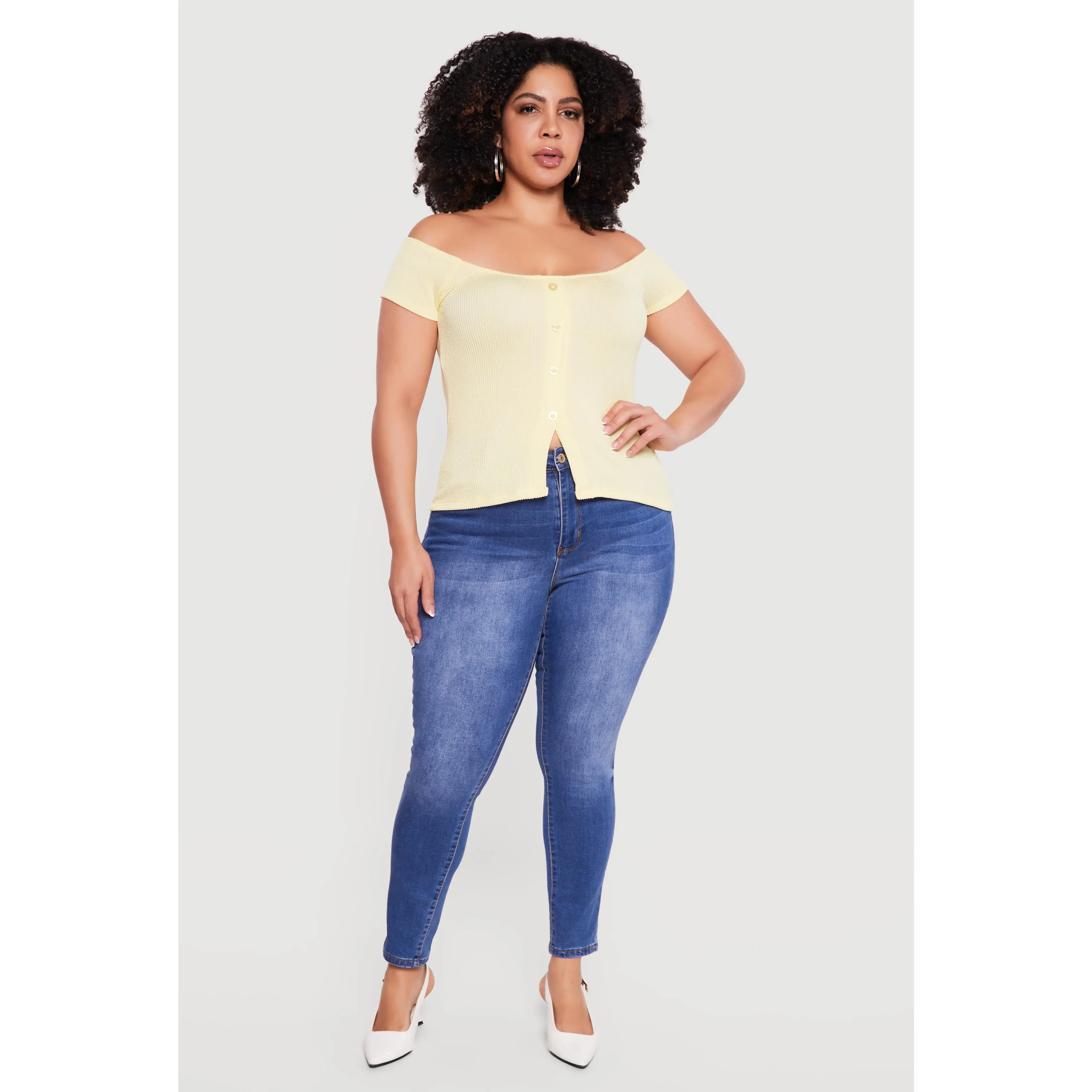Plus Size Rib Knit Off The Shoulder Slit Front Top