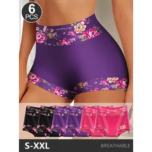 QUASTI 6PCS Cotton High-waisted Printed Contrasting Panties, Seamless Soft Elastic Floral Womenswear Various Comfortable Underwear, Breathable Fashion Casual Style Perfect Valentine Daily Wear Fresh Gift Briefs Panty, S-XXL