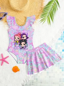 Girls' Sleeveless One-Piece Swimsuit Set with Short Skirt, K-Pop Gradient Star Glitter Print, Soft Comfortable Fabric, Beach Vacation Wear