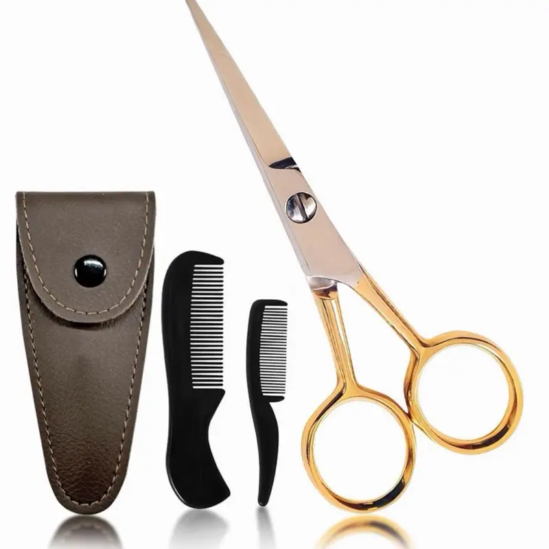 Beauty & Crafts 4.5” Professional Beard & Mustache Scissors for Men Stainless Steel Trimming Shears with 2 Plastic Combs & Travel Pouch for Grooming