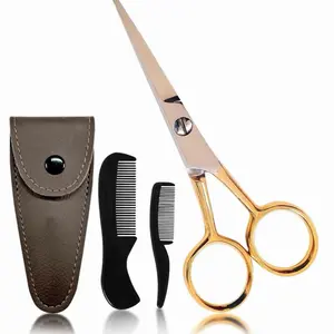Beauty & Crafts 4.5” Professional Beard & Mustache Scissors for Men Stainless Steel Trimming Shears with 2 Plastic Combs & Travel Pouch for Grooming