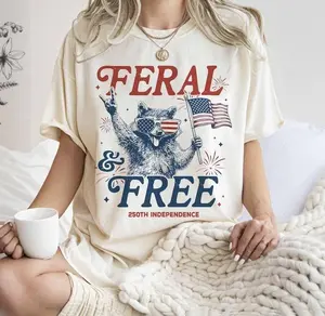 Feral & Free Funny Raccoon 4th of July Shirt, 250th Independence Anniversary Gift, USA 250 Years Freedom Tee, Sarcastic Patriotic Top