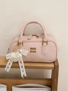 Valentine's Day Mini Boston Bag with a Soft Pink Matte Finish, Vintage Gold Buckle Handbag, Pearl and Lace Charm, Unique Shoulder/Crossbody Bag. A great gift option for dates, shopping, commuting, Valentine's Day, casual outings, etc.