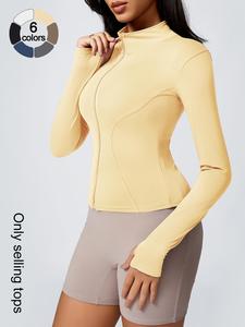 women's solid thumb hole design sports jacket, comfortable breathable long sleeve zip up outerwear for gym workout outdoor cycling, ladies sportswear for fall & winter, womenswear