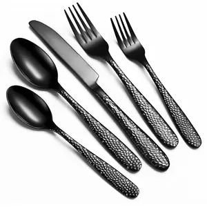 Black Hammered Silverware Set, 20-Piece Duty Stainless Flatware Sets for 4, Food-Cutlery Set for Home Restaurant, Mirror Polished, Dishwasher Safe