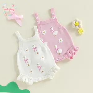 Baby Girl Knitted Romper, Cute Duck & Daisy Embroidered Sleeveless Bodysuit, Adjustable Spaghetti Strap Ruffle Hem , Soft Cotton Baby Outfit for Summer & Photoshoot