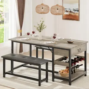 Dining Table Set for 4, Dining Room Table with Storage Drawers & Wine Rack, Kitchen Dining Table Set with Upholstered Benches for Dining Room-Grey