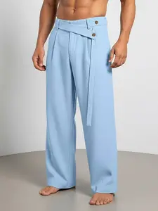 Men's simple Loose Casual Minimalist straight-jump linen trousers - Mid-rise design, adjustable lace-up waistband fastener, loose wide-leg silhouette. Perfect for casual outings, dances, beach vacations and business casual occasions.