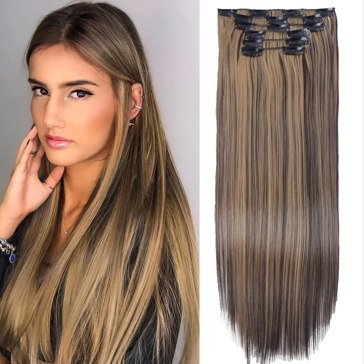 Clip in Hair Extensions 24 Inch Invisible Long Synthetic Extension 6PCS Straight Heat Resistant Hairpieces for Women Girls Weddings Party Daily Use Full Head 140g/4.9Oz Balayage Chocolate Brown to Caramel Blonde summerwins