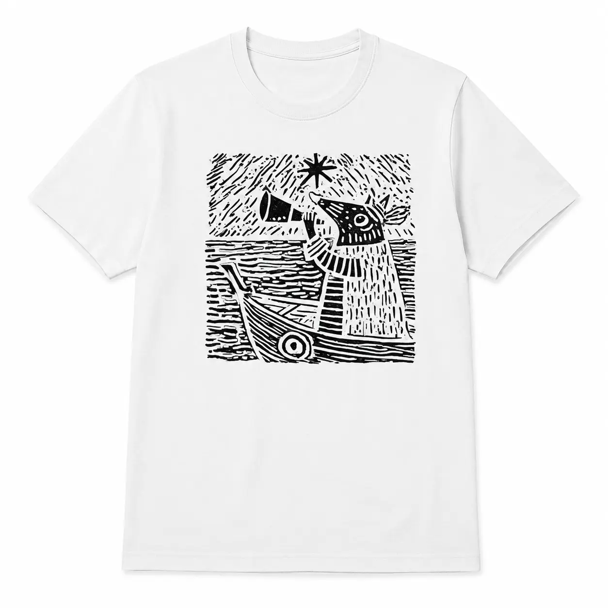 Linocut Mouse In Boat Graphic Tee, Vintage Woodcut Style Sailor Animal T-Shirt, Wholesome Astronomy Star Gazing Art Top, Black And White Indie Folk Art Apparel, Unisex Oversized Short Sleeve Casual Top Gift For Artist Apparel  2914