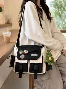 Cute Canvas Messenger Bag for Women Teen Girls, Black Cream Crossbody Shoulder Purse with Dinosaur Plush Charm, Decorative Pins, Multi Pocket Flap, Adjustable Strap, School Work Travel Bag, Christmas Halloween Gift for Mom Wife Girlfriend
