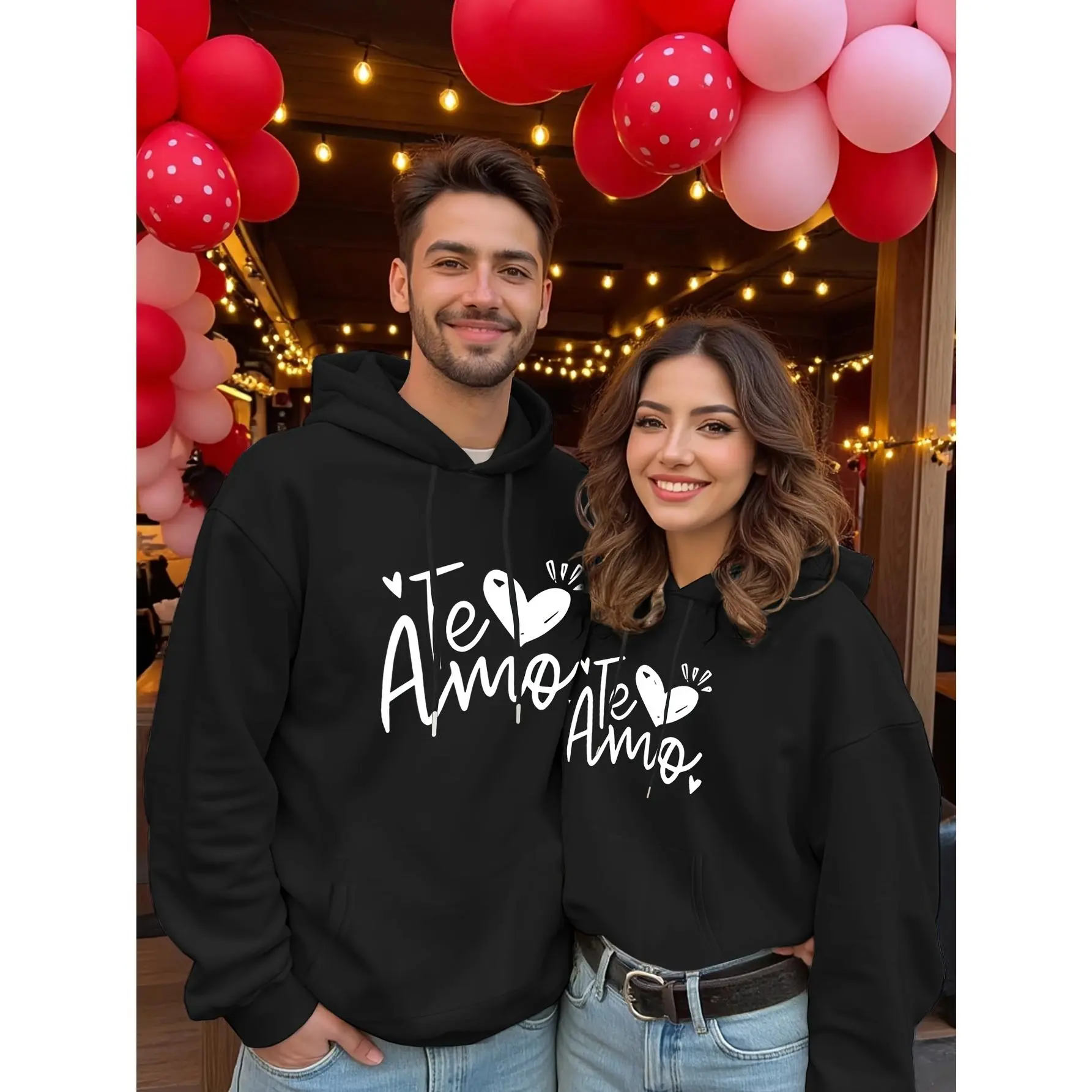 New Couple Matching Fitted Cotton Hoodies - Warm Fleece Pullover for Women & Men, Heart-Butterfly Design, "Te Amo Te Amo" Print, Casual Everyday Clothes for Lady, Perfect Gift for Valentine's Day | Romantic Sports Outerwear