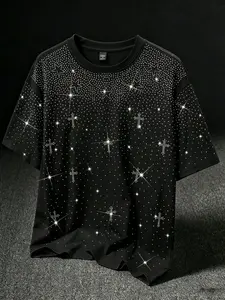 Trendy Men's Black Sparkly Cross Rhinestone Round Neck Graphic T-Shirt, Oversized Loose Fit Studded Tee with Glitter Crystal Accents, Y2K Inspired Streetwear Short Sleeve Top for Clubbing & Casual Outings #StreetwearTee #MensY2KStyle #RhinestoneShirt