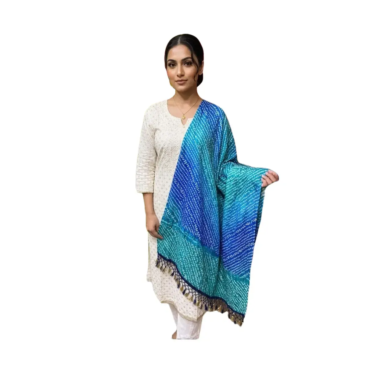 SW-8 Ombre Blue & Teal Bandhani Shawl with Tassel Fringe
