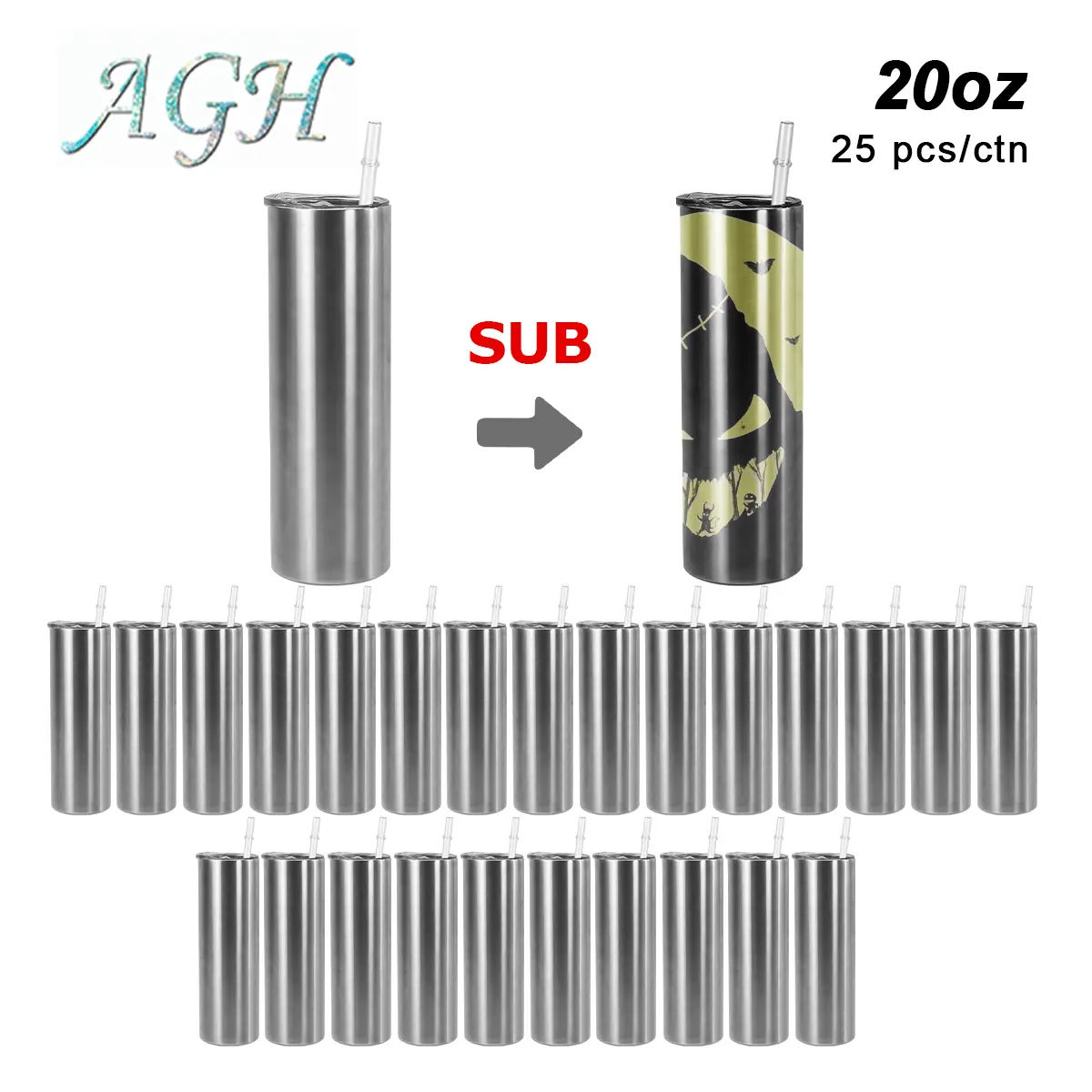 AGH 25pcs 20 oz Sublimation Tumblers Silver Stainless Steel Skinny Tumbler Cups with Plastic Straw Flasks Bottles Drinkware Bottled Halloween Gift