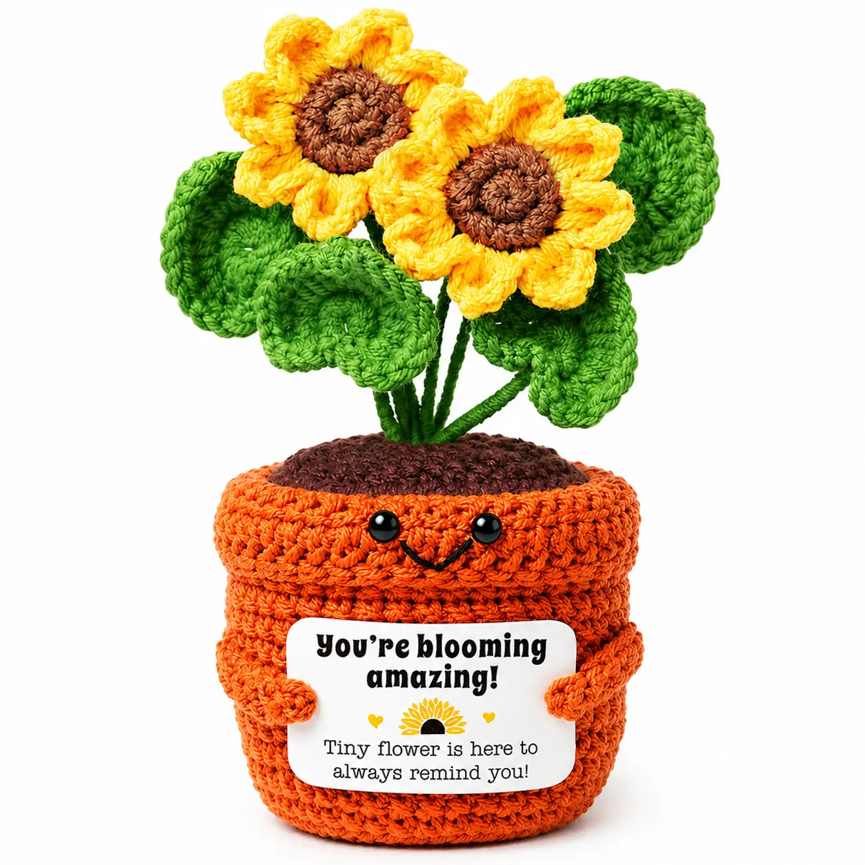 Mini Crochet Potted Sunflower Desk Gift with “You’re Blooming Amazing” Card – Coworker Thank You, Work Bestie & Teacher Appreciation Gift