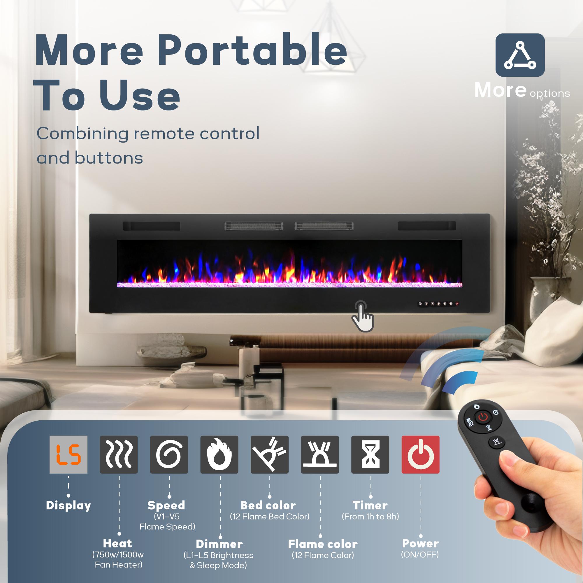 PHI VILLA 72" Electric Fireplace Wall Mounted & Recessed 750/1500W with Remote Control, 1-8 Hour Timer Function, Ultra-Thin Design Fan Hot Home Appliance Heater Flame Household Heating Fall Deals For You