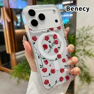 Clear Phone Case for iPhone 17 16  Pro Max Plus 15 14 13 12 11 Air E Rose Elegant Symphony  Pattern Magnetic Sunction Acrylic Back Full Body Protective Cover