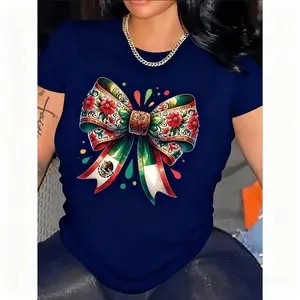 100% Cotton Women's Mexican Print T-Shirt - Vibrant Green Butterfly and Patriotic Stripe Design, Short Sleeve Round Neck Casual Top, Breathable and Machine Washable Fabric, Spring Summer Festival Celebration Outfit, Cinco de Mayo Cultural Wear