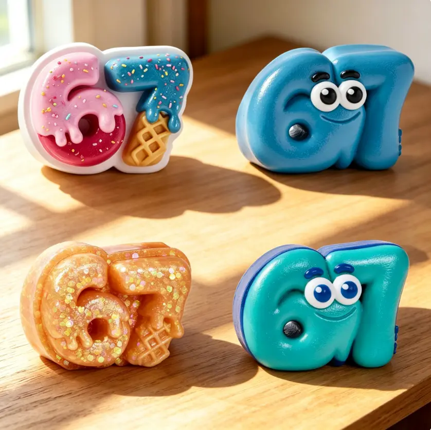 TABASQUISHY Number 67 Handmade Number Shape Taba Squishy Toy Set - 4 Styles Kawaii Slow Rising Stress Relief Fidget Toy, Backpack Charm, Back to School Collectible Gift