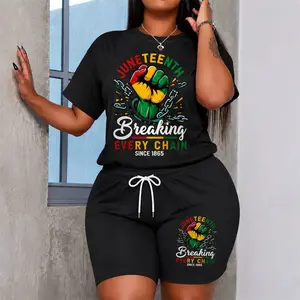 Women's Juneteenth Festive Atmosphere Graphic Short Sleeve T-Shirt And Shorts Set, Casual Summer Two-Piece Outfit With Crew Neck Top And Drawstring Waist Shorts For Daily Wear