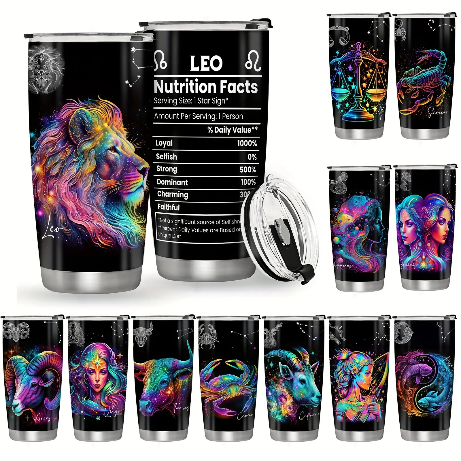 20oz Stainless Steel Insulated Hydration Tumbler-A, Portable Vacuum Flask with Lid - Zodiac Constellations, Polka Dot, Patchwork, Watercolour Prints, Reusable Coffee Mug, Unique Gift for Women (Birthday, Valentine’s Day)