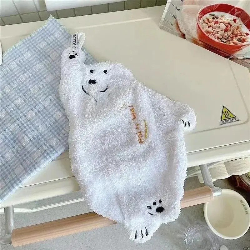 Hangable Embroidered Polar Bear Animal Shaped Hand Towel Set - Ultra-Soft Coral Fleece, 35×19cm Compact Unisex Towel, Suitable for Kitchen-Bath Home Supplies