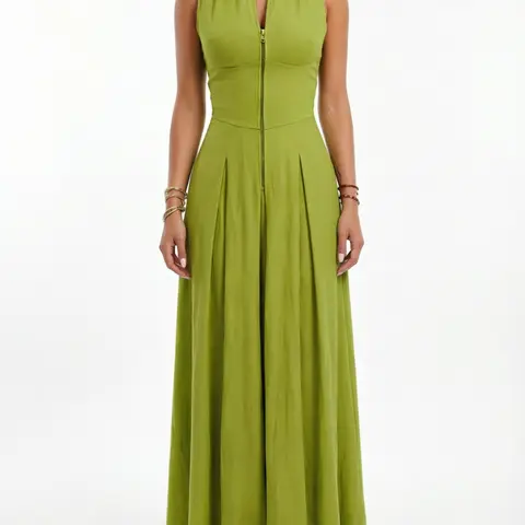 Women's Summer Casual Elegant A-line Loose Pleated Pockets Zipper Round Neck Long Minimalist Dress, Sleeveless Fitted Womenswear