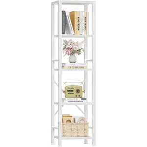 5 Tier White Bookshelf, Tall Narrow Bookcase for Small Space, Modern Freestanding Shelf, Metal and Wooden Display Storage Shelves for Bedroom, Living Room, Office