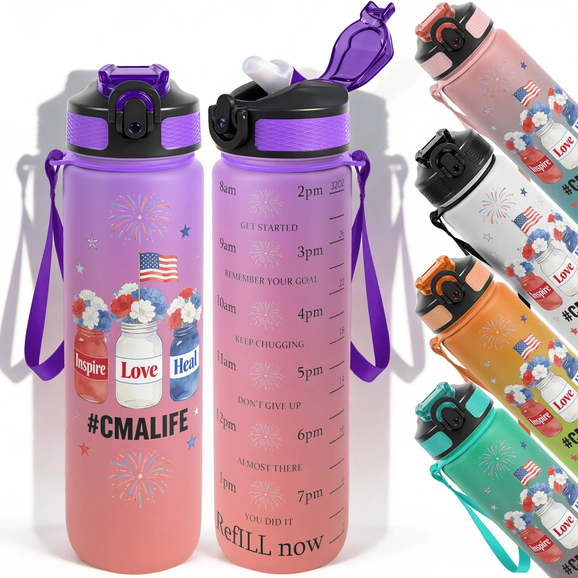 1pc,32oz Water Bottle Patriotic Fireworks Flowers Inspire Love Heal Design Design Durable  Leak-Proof 1000ml Time Marker Water Bottle - Shatter-Resistant for Sports, Fitness, Hiking & Outdoor Trav