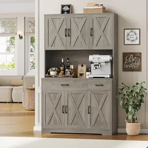 HOSTACK 71" Pantry Cabinet with Charging Station, Tall Kitchen Pantry Storage Cabinet with Microwave Stand, Farmhouse Kitchen Hutch with Storage Drawers for Living Room, Dining Room, Ash Grey