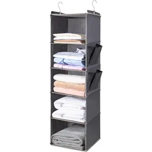 Hanging Closet Organize and Shelves，5-Hanging Shelf with 2 Side Pockets，Storage Foldable （Grey） BOOMIBOO