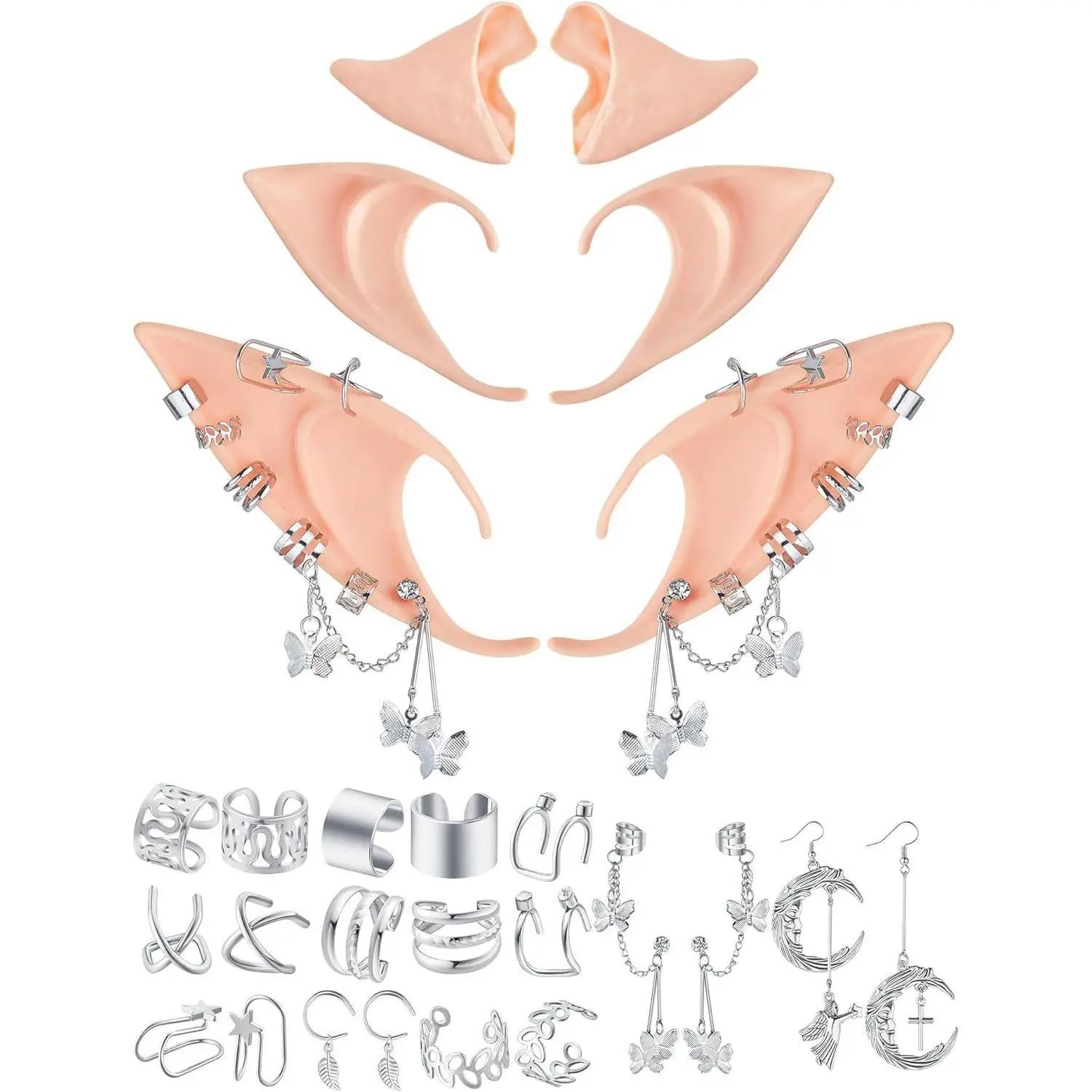13 Pairs Elf Ears with Elf Earrings Set Fairy Soft Pointed Ears Elf Earrings Cuffs for Women Girls Costume Cosplay Accessories Halloween Anime Party
