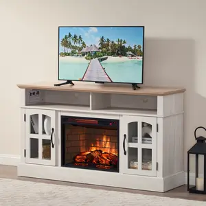 Eyisean Farmhouse Fireplace TV Stand with Glass Door,  23" Electric Fireplace Heater, Rustic Entertainment Center for TVs up to 65", Multi-Storage Cabinets, Wooden TV Stand for Living Room/Bedroom