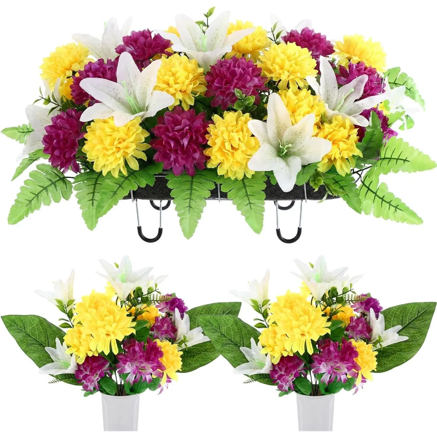 Canlierr 3 Pcs Artificial Cemetery Flower Saddles for Headstone Cemetery Memorial Mums Lilies Flowers with Vase & Grave Headstone Decorations Outdoor Artificial Bouquet for Gravesite(Bright Color)