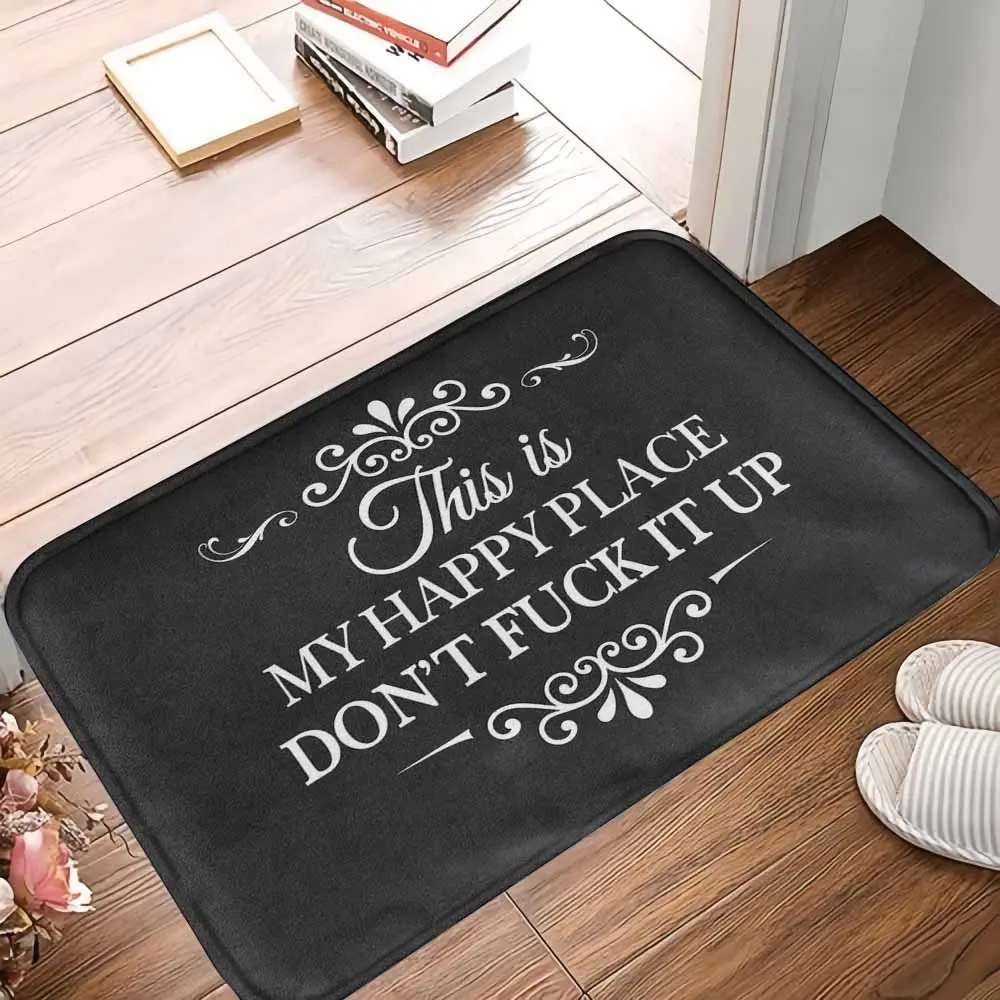 My Happy Place Welcome Rubber Doormat - Sarcastic Typography Quote Print, Nonslip, Durable, Absorbent - Perfect for Modern Front Porch, Indoor Living Room Decor, Housewarming Gifts