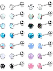 14Pairs Hypoallergenic Flat Back Stud Earrings for Women Men Surgical Steel Screw Back Tiny CZ Opal Moonstone Turquoise Screwback Earrings Studs Set Piercing Jewelry Stainless Steel Earrings