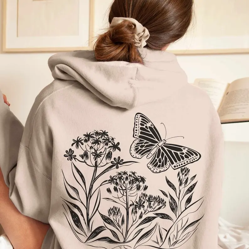 Milkweed Hoodie Brown Hoodie Forest Green Hoodie Monarch Butterfly Hoodie Flower Hoodie Nature Hoodie Wildflower Hoodie