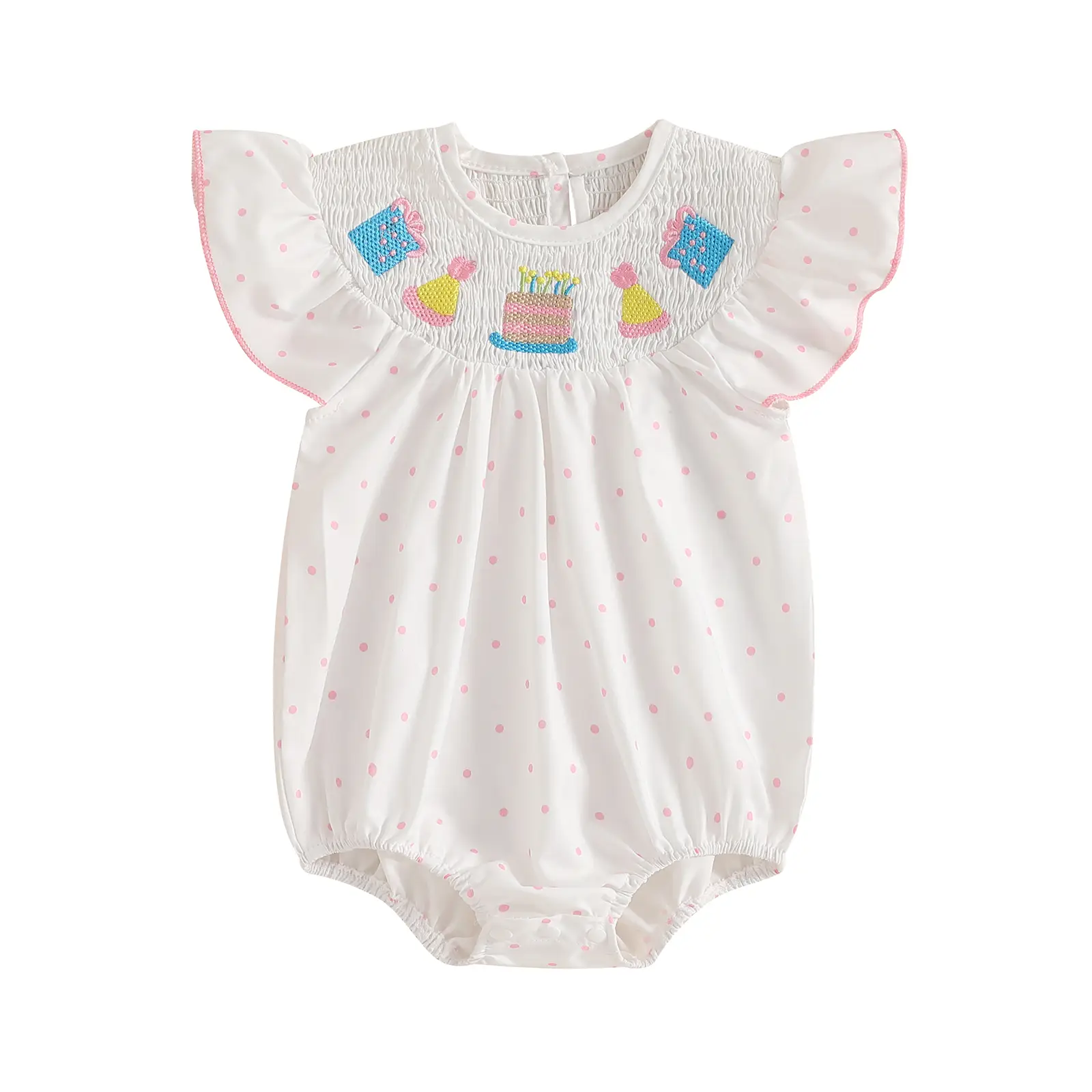 Baby Girl First Birthday Outfit Cake Embroidery Smocked Bubble Romper Ruffle Bodysuit Cake Smash Summer Clothes #Springtok