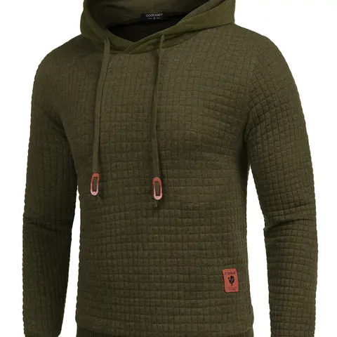 Mens Hooded Sweatshirt Casual Long Sleeve Drawstring Waffle Knit Pullover Hoodies Knitwear Tops (Without Pockets)