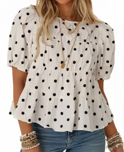 【NEW】TANKANEO Women's Polka Dots Cute Shirts Puff Sleeve Peplum Babydoll Top