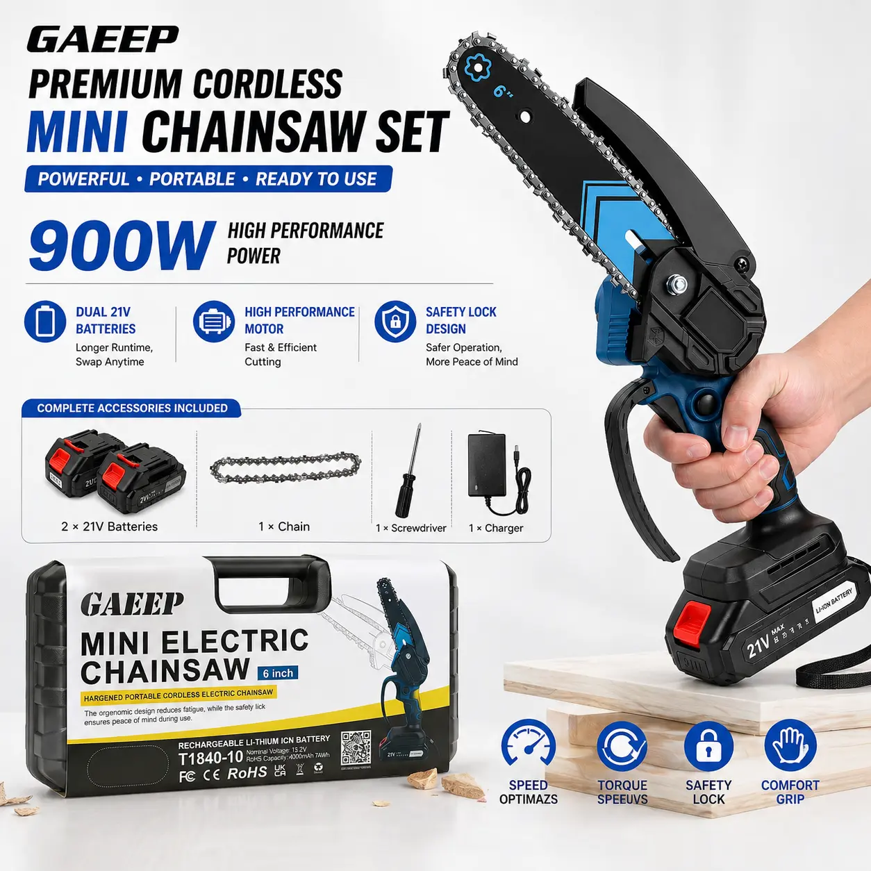 Ultra-Light 6" Mini Chainsaw Cordless: One-Handed Portable Electric Saw with 2 Batteries – Perfect for Garden Pruning, Wood Cutting & Yard Work