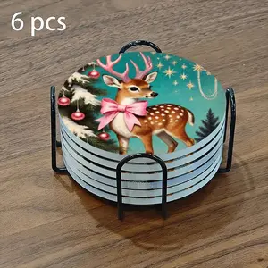 6-piece ceramic coaster set, featuring a charming retro pink deer and Christmas tree illustration. These heat-resistant, non-slip coasters come with a holder, perfect for home or dining table decorations, and elegant drink mats.